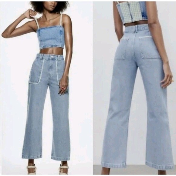 Zara High Rise Tweed Trim Jewel Button Crop Wide Leg Jeans – Size 0 - Picture 8 of 8